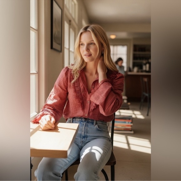 Sezane NELE SHIRT in Rosewood Women's Ruffled Lace Blouse - Picture 13 of 14